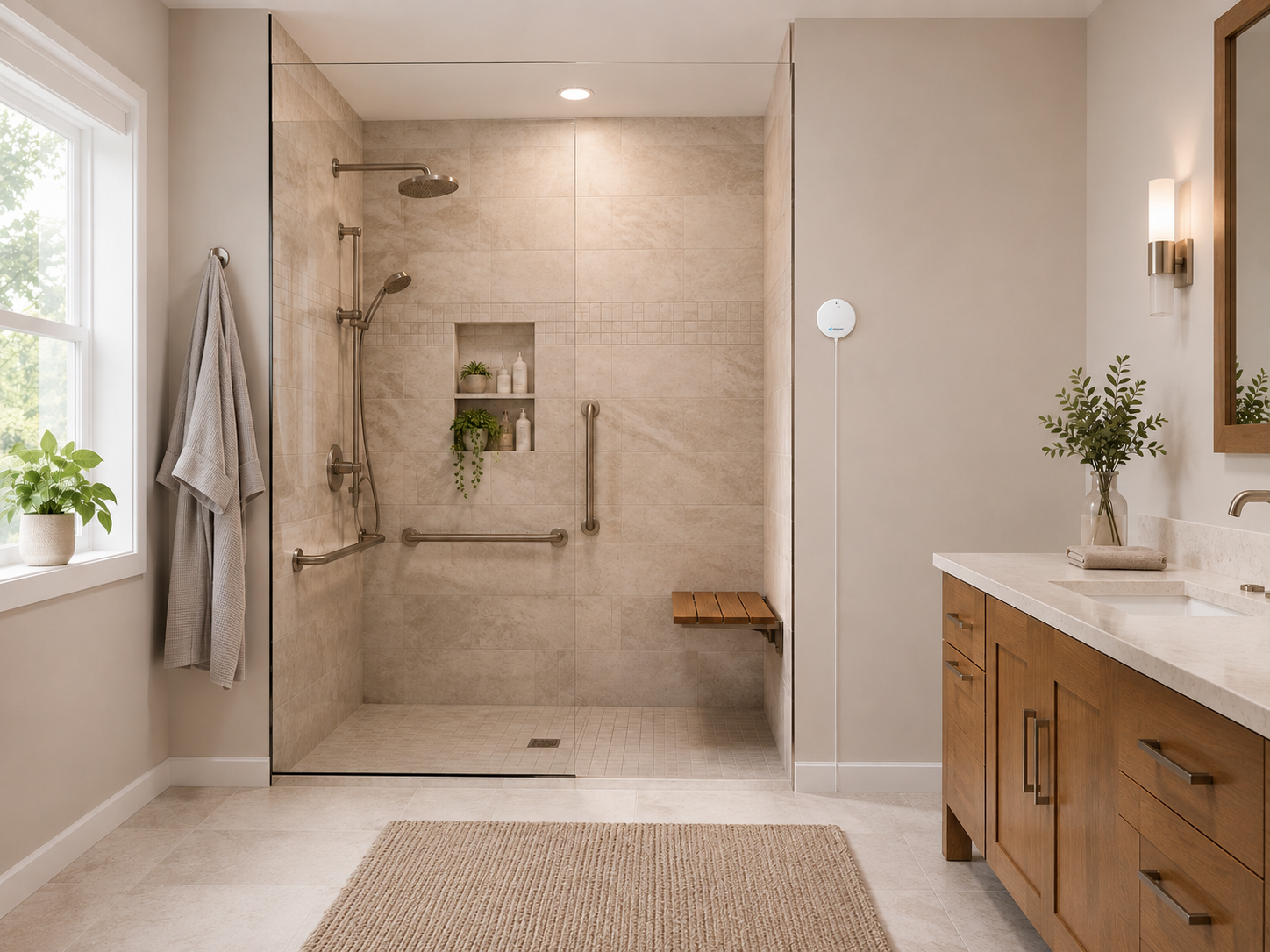 Vayyar 4D radar sensor mounted beside an accessible walk-in shower