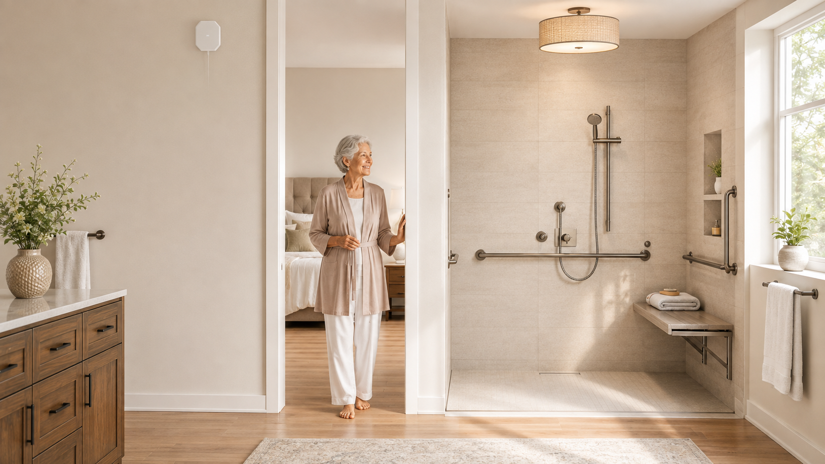 A woman moving confidently between her bedroom and a modified, accessible bathroom