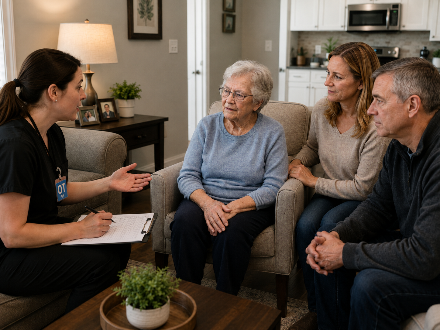 An occupational therapist reviewing a home safety evaluation with a client and her family